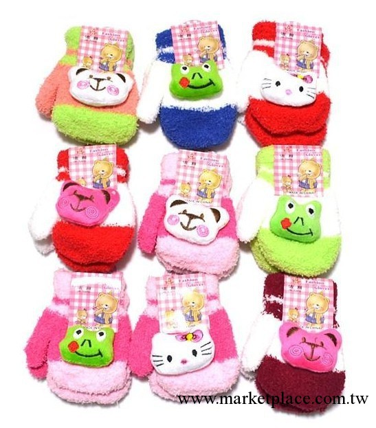 韓版兒童 卡通動物頭毛絨手套批發 雙色帶響 兒童包指手套(混裝)工廠,批發,進口,代購