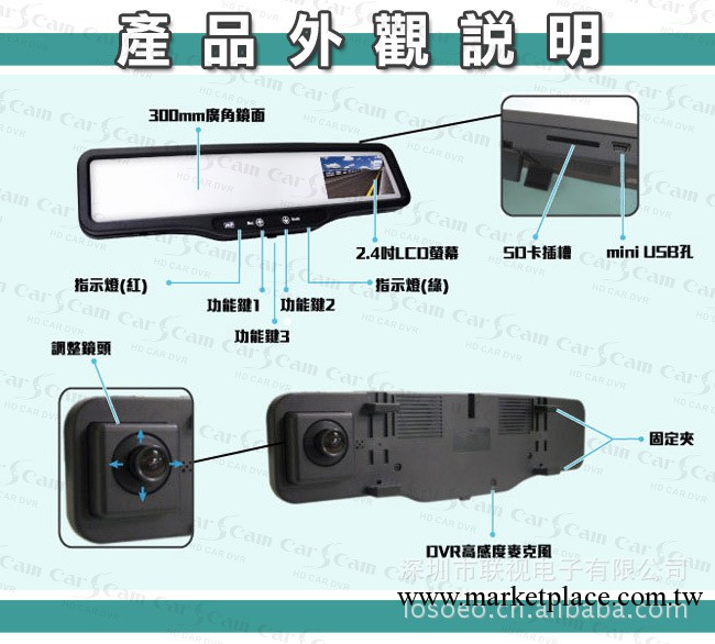 後視鏡行駛記錄儀DVR-110A 標清夜視 140度超廣角 隱蔽行車記錄儀工廠,批發,進口,代購