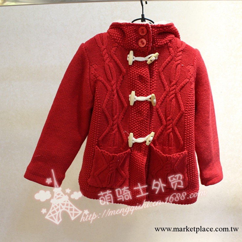 外貿童裝批發2013年冬季新款純棉線木扣子連帽加絨紅色毛衣工廠,批發,進口,代購