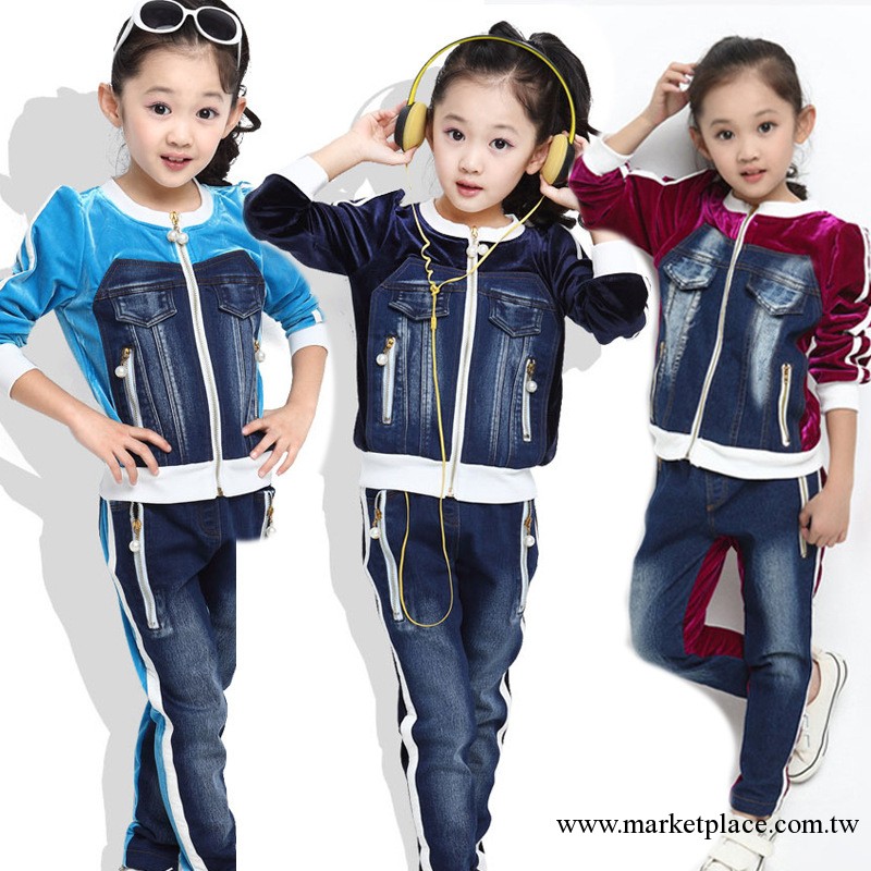 廣州產地童套裝 韓版 套裝 女童中大童韓國絨拼牛仔套裝童裝爆款工廠,批發,進口,代購