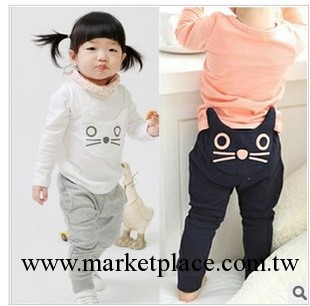 廠傢直銷韓版最新秋款兒童卡通貓咪立體造型長袖哈倫褲男女童套裝工廠,批發,進口,代購