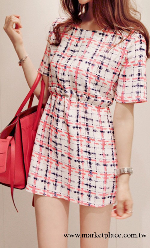 韓國新款女裝性感露背收腰綁帶格子V背連衣裙子 批發0314工廠,批發,進口,代購