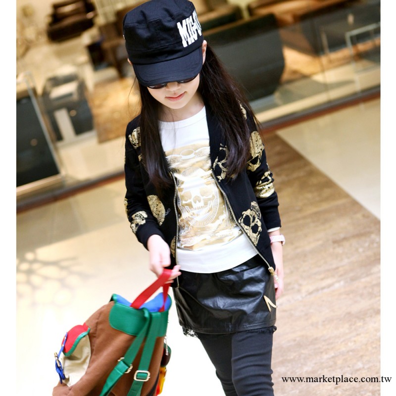 【非童e般】2013 秋裝新款女童印金色骷髏頭拉鏈開衫外套 e691工廠,批發,進口,代購