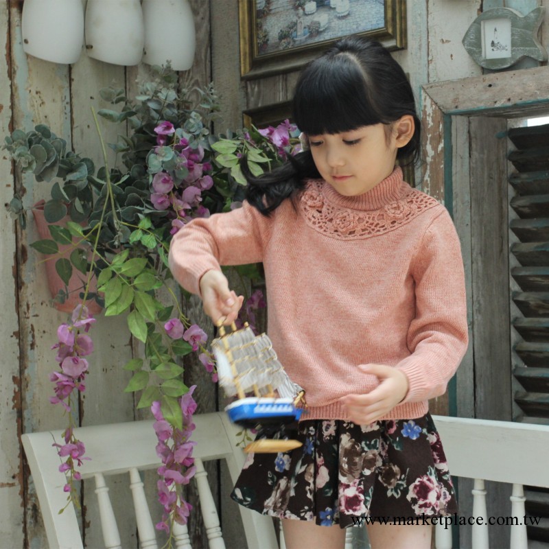 女童羊絨 毛衣 新款 精美鉤花 粉色/藍色/紫色 專櫃品質工廠,批發,進口,代購