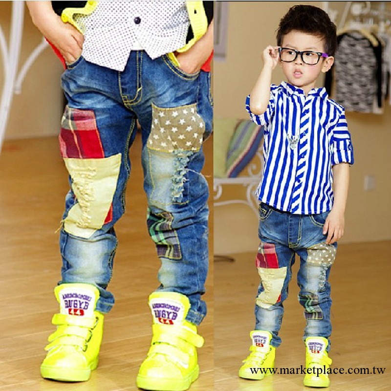 童裝秋裝2013新款男童韓版貼佈牛仔褲批發工廠,批發,進口,代購