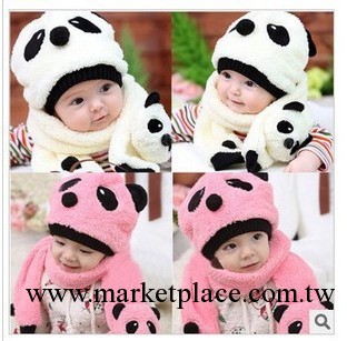 Q016韓版飾品 冬季兒童男女寶寶熊貓造型 防寒保暖帽子 圍巾套裝工廠,批發,進口,代購