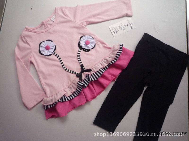 童裝批發外貿原單針織純棉女童套裝 可愛粉色訂花長袖裙套裝工廠,批發,進口,代購