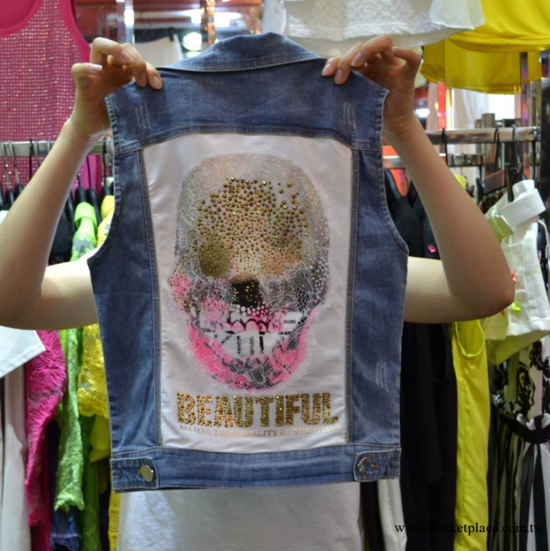 特價香港品牌女裝2013夏裝新款歐美個性拼佈鑲鉆洗水牛仔背心180工廠,批發,進口,代購