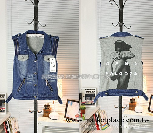 2012歐美時尚百搭馬夾背心女 個性拉鏈設計性感圖案牛仔馬甲工廠,批發,進口,代購