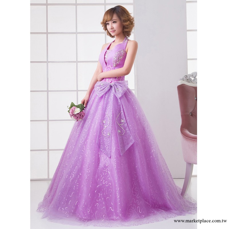新款婚紗禮服晚裝彩色晚禮服淺紫色大蝴蝶結演出主持人禮服H14工廠,批發,進口,代購