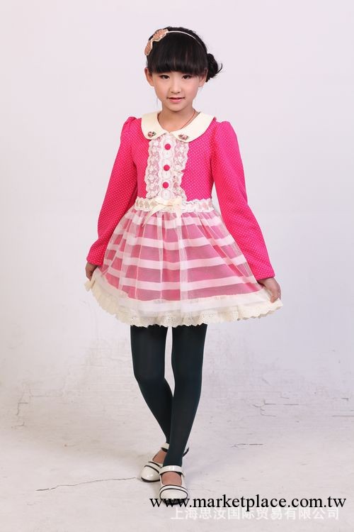 2013秋新款女童裝 娃娃領蕾絲邊公主連衣裙泡泡袖長袖裙 童裝直銷工廠,批發,進口,代購