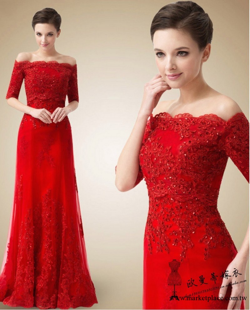 新款外貿韓式紅色蕾絲中袖高級定做新娘公主婚紗皇室婚紗hunsha工廠,批發,進口,代購