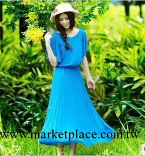 2013春夏新款女裝藍色蝙蝠袖雪紡連衣裙夏波西米亞長裙工廠,批發,進口,代購