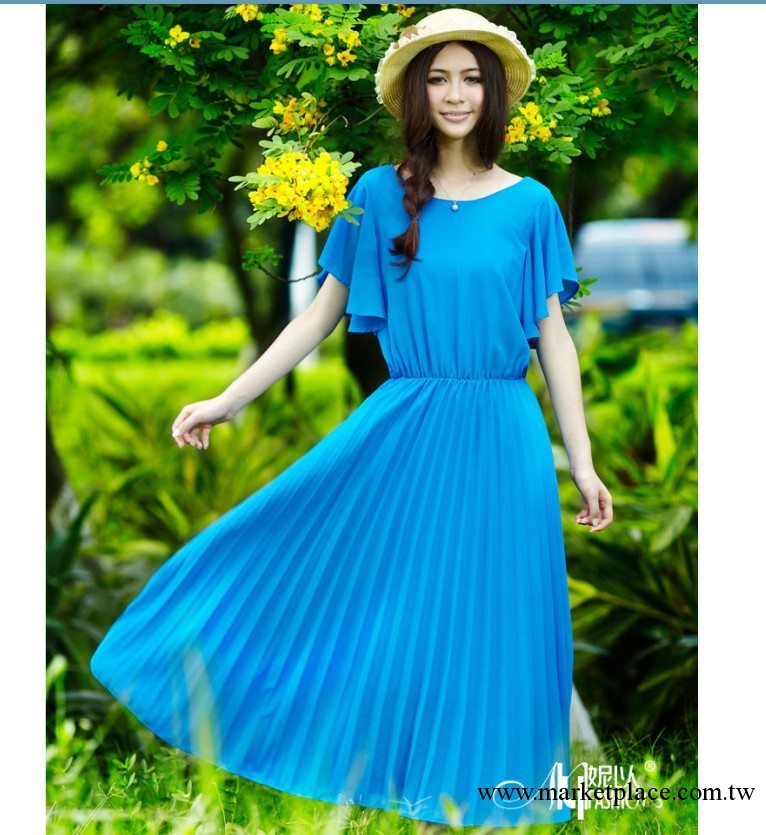 2013春夏新款女裝藍色蝙蝠袖雪紡連衣裙夏波西米亞長裙工廠,批發,進口,代購