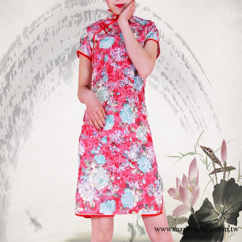 花朵印象 旗袍裙夏裝時尚 彈力棉修身修身短袖唐裝短款旗袍 21色工廠,批發,進口,代購
