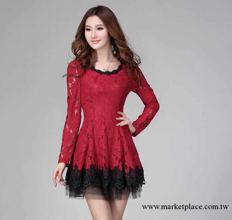669#韓版蕾絲鉤花修身長袖連衣裙工廠,批發,進口,代購