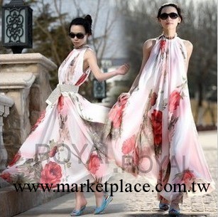 優雅紅花 雪紡吊帶裙 荷葉邊設計超大擺夏長裙工廠,批發,進口,代購