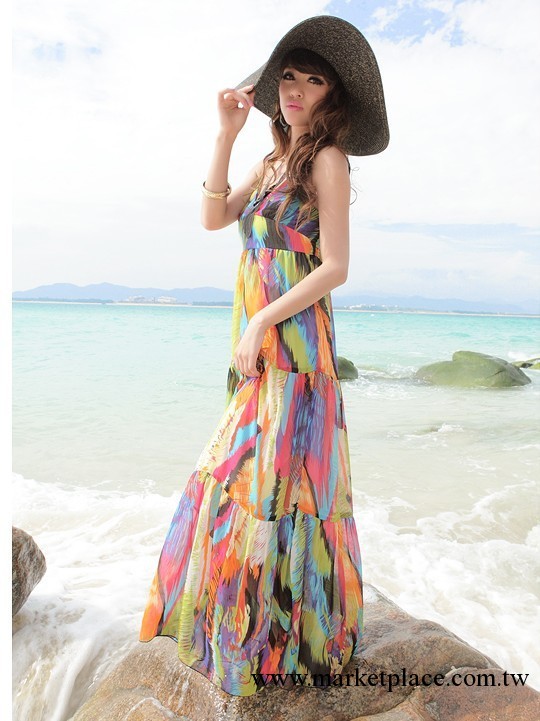6388#新款夏裝炫彩色吊帶沙灘裙波西米亞長裙拖地裙批發一件代發工廠,批發,進口,代購