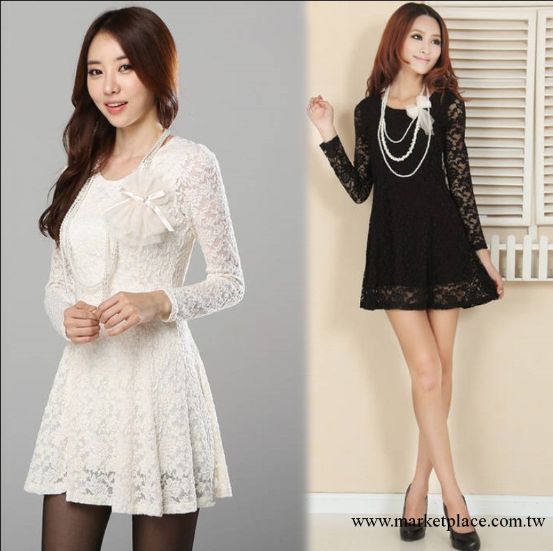 韓版修身打底裙   新款裙子  2013  新品白色長袖蕾絲連衣裙工廠,批發,進口,代購