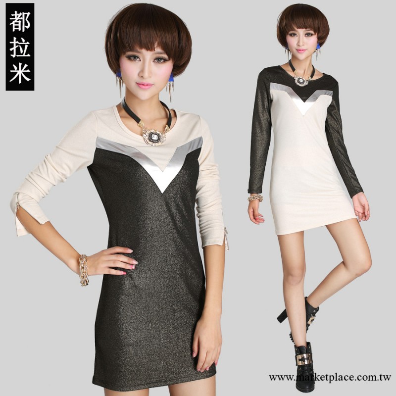 2013韓版女裝秋冬款新款正品修身V字撞色燙金拼接長袖連衣裙6727工廠,批發,進口,代購