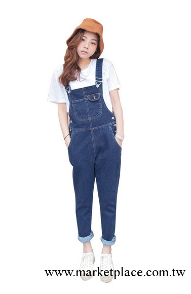 韓國女秋冬新款 深藍色側部三粒扣背帶牛仔褲工廠,批發,進口,代購