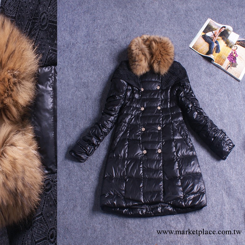 2013冬季歐美新款 貉子毛領可卸披肩鏤空長款女式羽絨衣Y0060工廠,批發,進口,代購