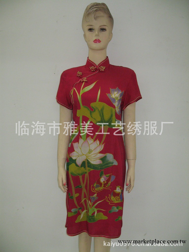 短旗袍 夏 中國風 江南 紅底荷花 全棉 批發 -開雨服飾工廠,批發,進口,代購