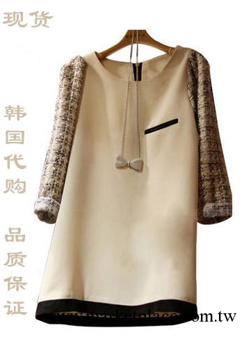 2013韓國東大門拼接新款女裝大碼顯瘦長袖毛呢連衣裙工廠,批發,進口,代購