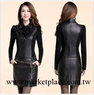 2013秋裝新款女士韓版高端品牌PU皮正品拼接修身連衣裙批發工廠,批發,進口,代購