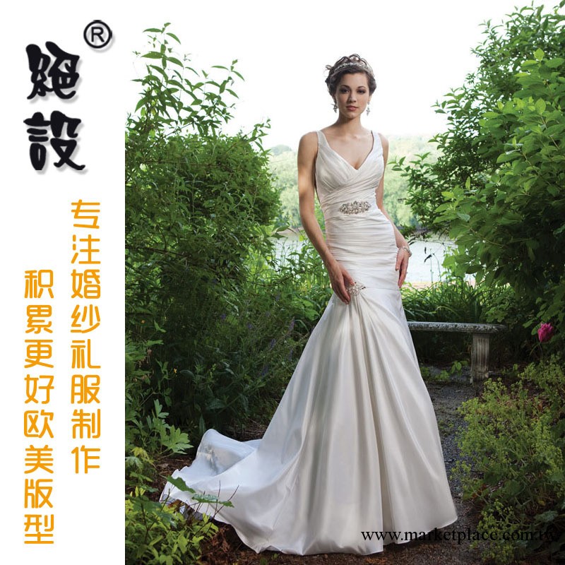 歐美外貿婚紗禮服 傳統緞面婚紗 教堂婚禮雙肩深V 批發DZ-S101工廠,批發,進口,代購