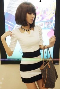 6458# 歐美條紋拼接修身顯瘦泡泡袖中袖打底連衣裙女裝秋款批發工廠,批發,進口,代購