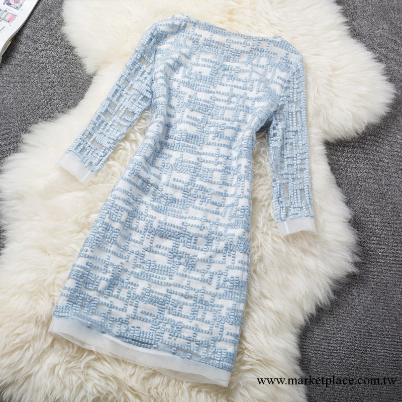 2013秋冬新品歐美走秀淺蘭刺繡鑲鉆連衣裙工廠,批發,進口,代購