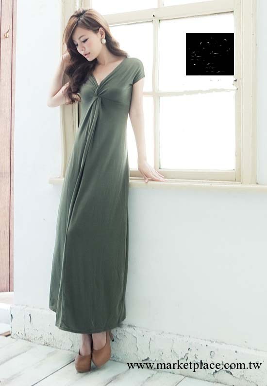 夏季新款時尚波西米亞長裙 氣質V領扭結設計連衣裙（橄欖綠）批發・進口・工廠・代買・代購