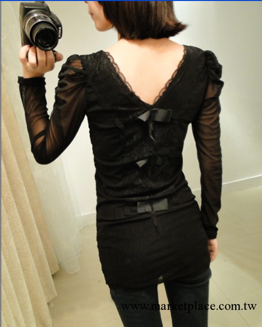 新款時尚韓版女裝黑色蝴蝶結網紗泡泡袖修身蕾絲長袖打底衫t恤廠工廠,批發,進口,代購