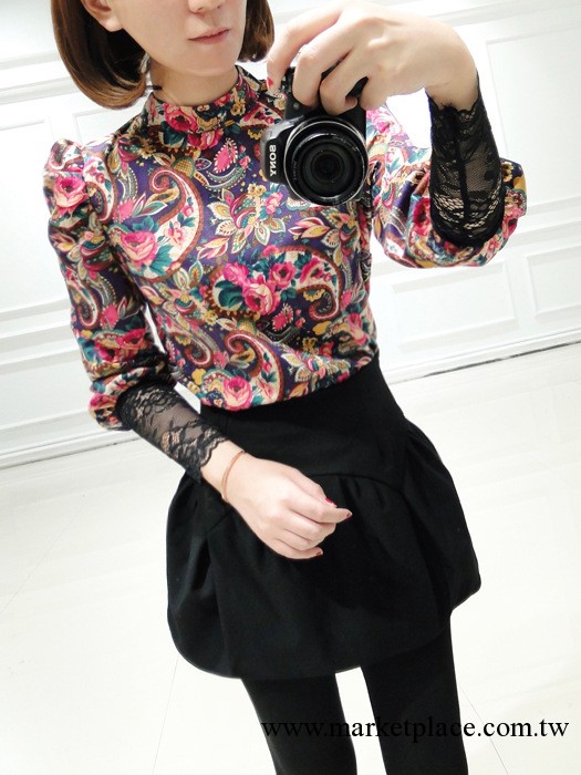 四季青 2013秋裝女裝新款韓版復古立領泡泡袖蕾絲拼接長袖T恤衫工廠,批發,進口,代購