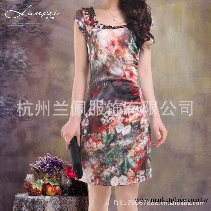 蘭佩2013春夏季新款高端重工釘珠桑蠶絲修身短袖 真絲連衣裙8007工廠,批發,進口,代購