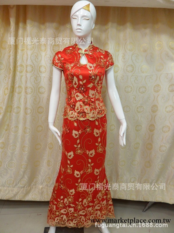 紅色結婚小鳳仙批發蕾絲亮片長旗袍新娘敬酒禮服婚紗批發特大碼工廠,批發,進口,代購