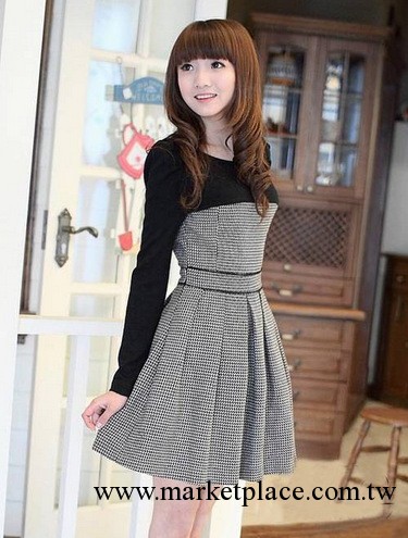 2013年秋冬款毛呢連衣裙黑白格毛呢拼接連衣裙女長袖工廠,批發,進口,代購