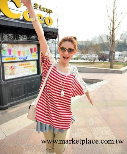 2013夏裝新款 日韓女裝 韓版女裝蕾絲肩 條紋蝙蝠衫短袖T恤工廠,批發,進口,代購