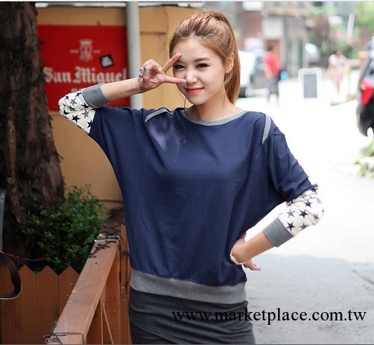 一件代發 秋裝韓國新款女裝蝙蝠袖五角星圖案拼接寬松T恤打底衫工廠,批發,進口,代購