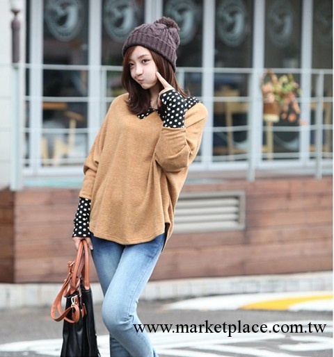 2013韓國秋裝新品女裝寬松大碼波點蝙蝠袖針織衫工廠,批發,進口,代購