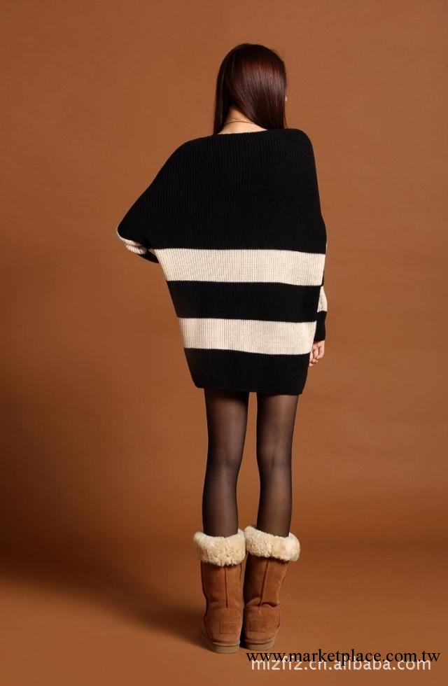 2013秋季新款 條紋針織毛衣 寬松蝙蝠袖針織衫 長款V領大碼女裝工廠,批發,進口,代購