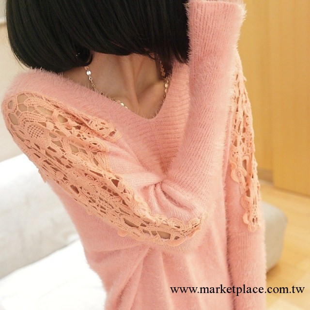 2013春裝新款 韓版前後大V領長毛蕾絲袖子女裝 蝙蝠衫針織衫 毛衣工廠,批發,進口,代購