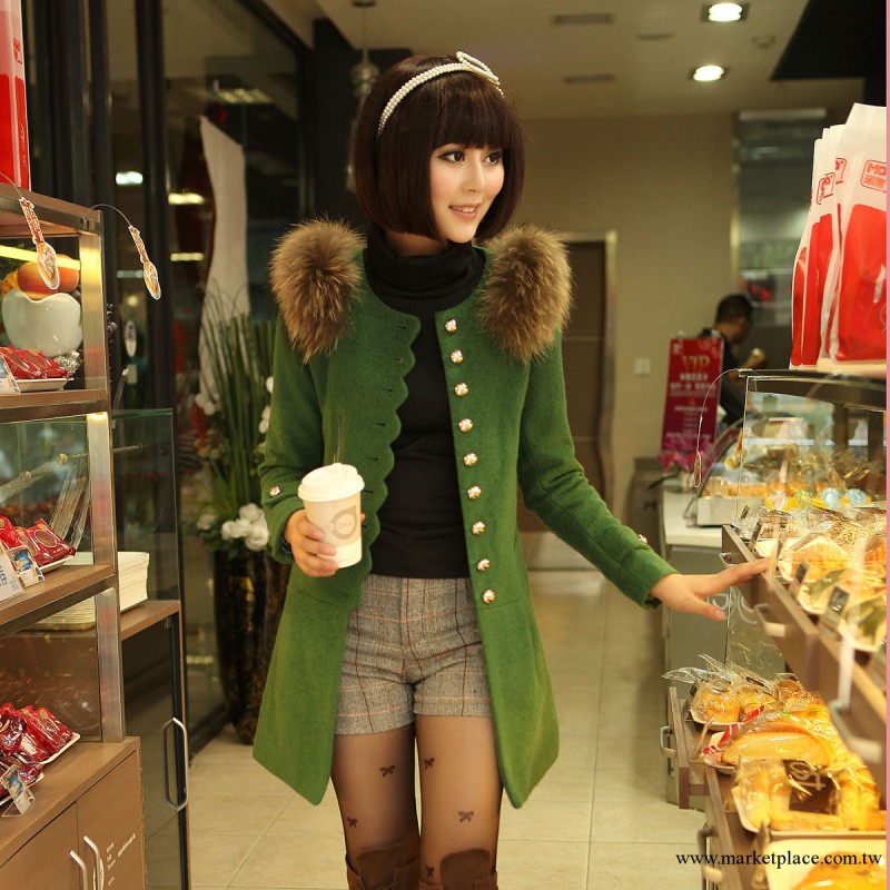 品牌女裝 冬裝新款貉子真毛領 女式風衣大衣 韓國毛呢外套9928工廠,批發,進口,代購