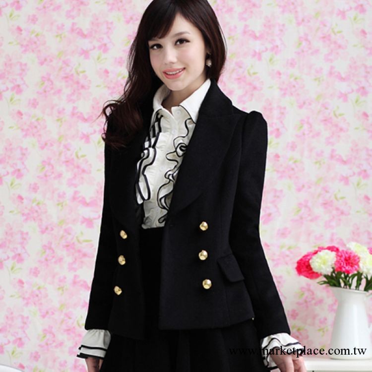 2013秋冬裝新款女黑色修身雙排扣羊毛呢子小西裝外套女式西服工廠,批發,進口,代購