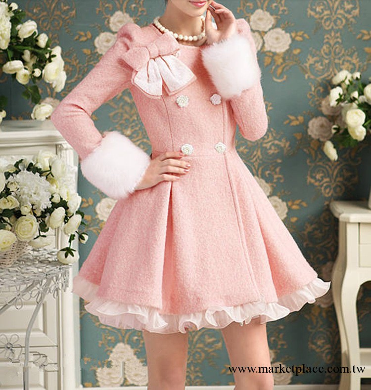 秋冬新款粉紅色甜美蝴蝶結蕾絲花邊大擺羊毛呢大衣外套 女式風衣工廠,批發,進口,代購