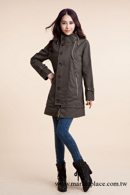 韓國女裝 原單大傢風范 單排扣修身拉鏈風衣 女式中長款大衣工廠,批發,進口,代購