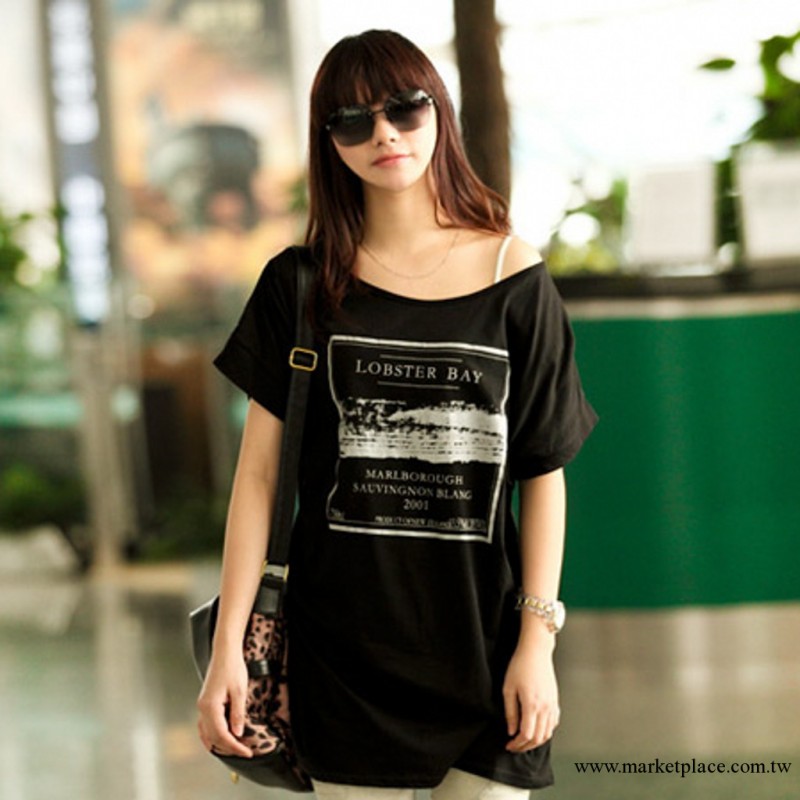 2013夏裝新款 女裝韓版一字領蝙蝠袖 寬松長款t恤衫工廠,批發,進口,代購