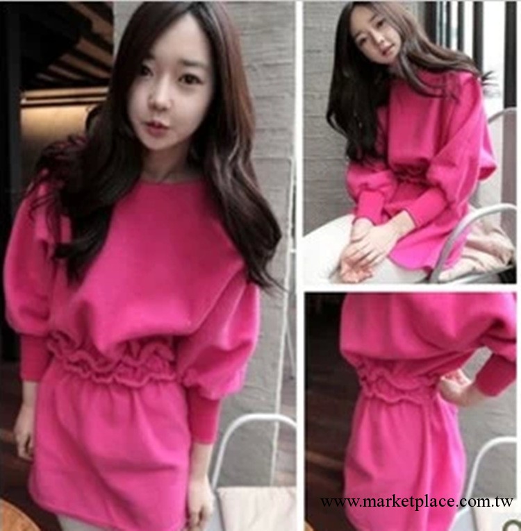 2013韓國新款女裝 單色甜美拉絨腰間百褶系繩收腰連衣裙 2507工廠,批發,進口,代購