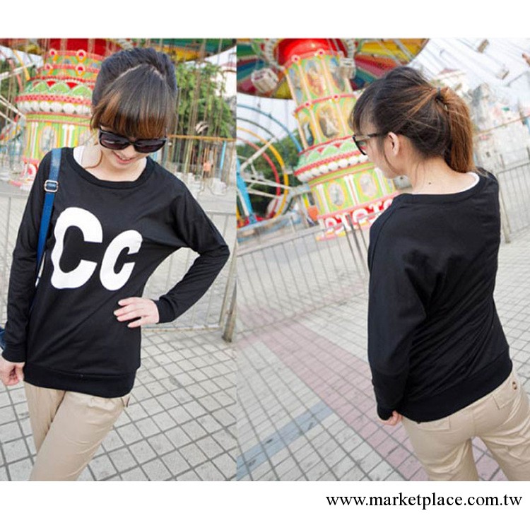 2013時尚韓版秋裝 蝙蝠衫 CC字母大碼女裝寬松長袖t恤工廠,批發,進口,代購
